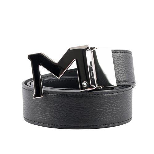 MONTBLANC 萬寶龍銀色M Logo 搭扣3.5cm牛皮雙面可用皮帶(黑色) 127697