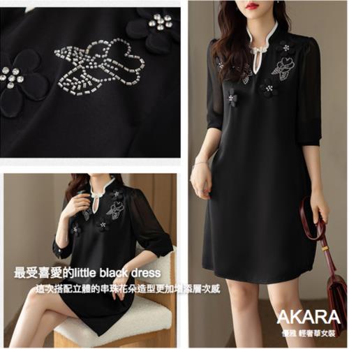 AKARA 繡珠玉盤黑色美長袖洋裝