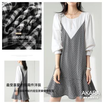 AKARA 日系優雅風格紋假兩件長袖洋裝