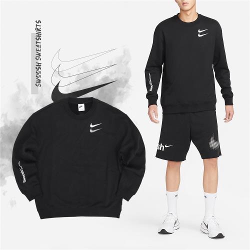 Nike 大學T NSW Swoosh 黑 男女款 雙勾 標語 衛衣 上衣 長袖 寬版 厚磅 FB1911-010