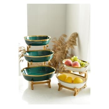三層金邊陶瓷水果盤(墨綠色)