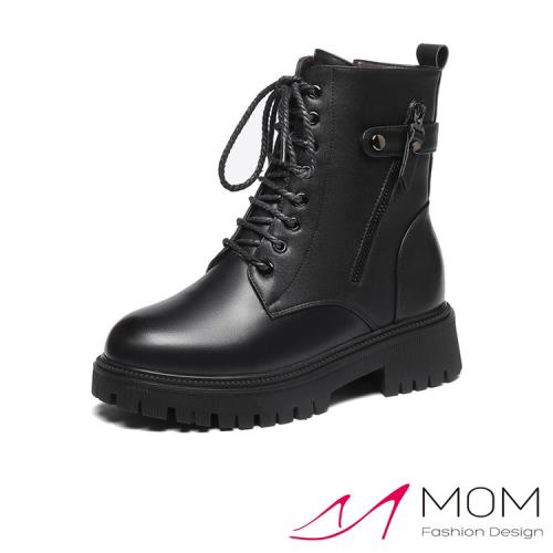 【MOM】馬丁靴 真皮馬丁靴真皮保暖機能羊毛絨裡綁帶造型個性馬丁靴 黑