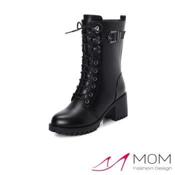 【MOM】中筒靴 粗跟中筒靴/真皮時尚釦飾繫帶造型粗跟馬丁中筒靴 黑