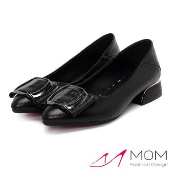 【MOM】跟鞋 粗跟鞋/真皮尖頭淺口格子壓紋蝴蝶結異形粗跟鞋 黑