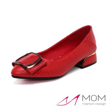 【MOM】跟鞋 粗跟鞋/真皮尖頭淺口格子壓紋蝴蝶結異形粗跟鞋 紅