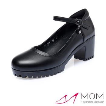 【MOM】跟鞋 粗跟鞋/真皮淺口防水台一字繫帶粗跟鞋 G款 黑色6.5CM高