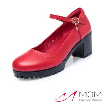 【MOM】跟鞋 粗跟鞋/真皮淺口防水台一字繫帶粗跟鞋H款 紅色6.5CM高