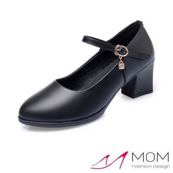 【MOM】跟鞋 粗跟鞋/真皮純色一字釦帶造型粗跟鞋 B款 黑色6CM高