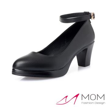 【MOM】跟鞋 高跟鞋/真皮優雅防水台腳踝繫帶造型高跟鞋 黑