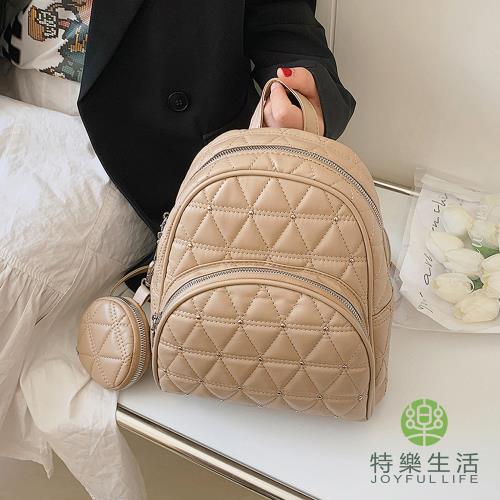 【JOYFUL LIFE 特樂生活】菱格紋小巧子母雙肩後背包 手提包 零錢小物包 