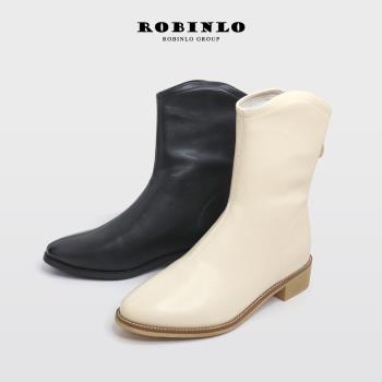 Robinlo嬉皮復古素面粗跟中筒靴短靴西部靴HERRY-極簡黑/奶油白