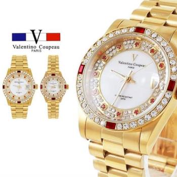 【Valentino Coupeau】四方鑽橘紅點鑽白貝面全金不鏽鋼殼帶男女手錶 范倫鐵諾 古柏