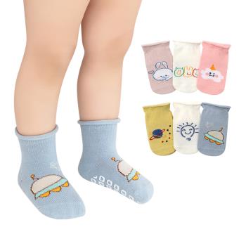 Colorland-3雙入-寶寶襪 手繪插畫風鬆口捲邊止滑襪 童襪 嬰兒襪