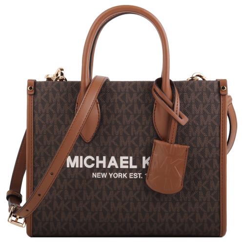 MICHAEL KORS  白標字母滿版防刮手提斜背兩用包 深咖/小