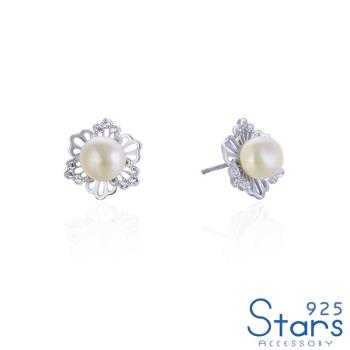 【925 STARS】純銀925微鑲美鑽縷空花朵造型珍珠耳環 造型耳環 美鑽耳環 珍珠耳環
