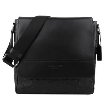COACH 壓印LOGO防刮皮革磁釦直式斜揹包(黑)