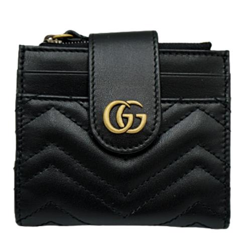 【GUCCI】雙G GG Marmont系列 黑色真皮按扣短夾
