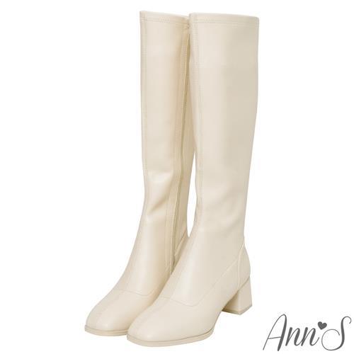 Ann’S有彈性的全素面粗跟及膝長靴5cm-米白