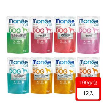 MONGE瑪恩吉Grill炙燒肉塊無穀-主食犬餐包 100g x 12入組(下標2件+贈送泰國寵物喝水神仙磚)