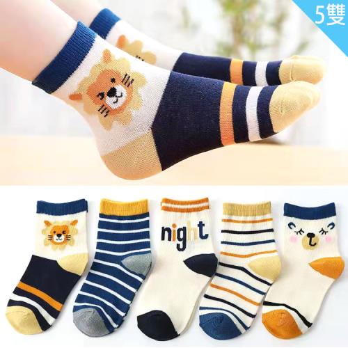 兒童襪子動物老虎獅子男童襪短襪棉襪1/2襪5雙組15-18cm/18-22cm 35-1018【卡通小物】