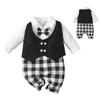 Colorland-男寶寶西裝 周歲禮服 紳士長袖包屁衣 連身衣 黑白格子西裝