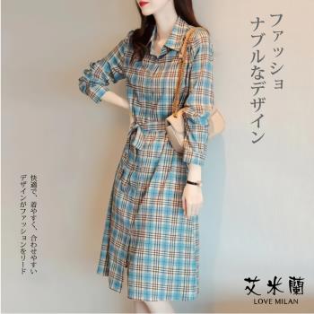 【艾米蘭】TOP秋新品日系格紋優雅百搭洋裝(M~XL)