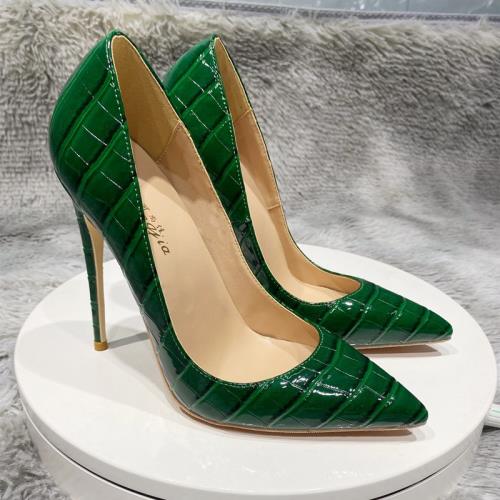 輕奢綠色鱷魚紋復古超細跟女鞋