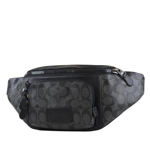 COACH 男款 緹花LOGO防刮雙置物拉鍊單肩/腰包-灰黑