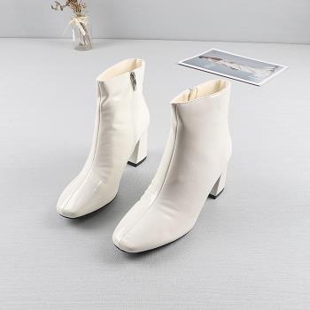 2022秋季新款外貿歐美高跟側拉鏈白色時裝靴粗跟方頭薄款短筒女靴