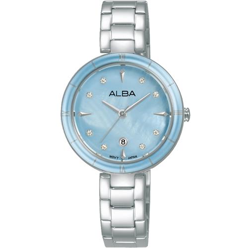 ALBA 雅柏 珍珠貝時尚晶鑽女錶-銀x藍/30mm (AH7AX1X1/VJ22-X384B)