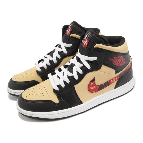 Nike 休閒鞋Air Jordan 1 Mid SE 黑紅奶油黃格紋勾勾男鞋喬丹1代AJ1