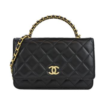 CHANEL 經典雙C菱格紋小羊皮WOC鏈帶手提/斜揹包(黑色)