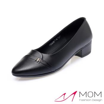 【MOM】跟鞋 粗跟鞋 /真皮小尖頭美鑽飾件時尚粗跟鞋 黑