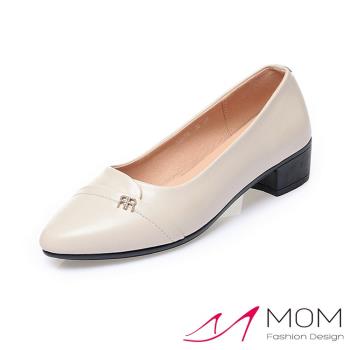 【MOM】跟鞋 粗跟鞋 /真皮小尖頭美鑽飾件時尚粗跟鞋 米
