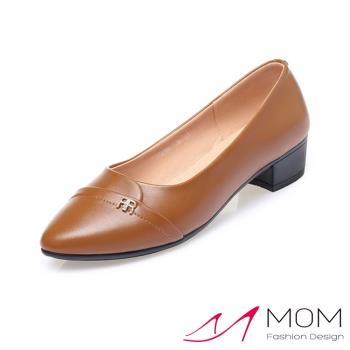 【MOM】跟鞋 粗跟鞋 /真皮小尖頭美鑽飾件時尚粗跟鞋 棕