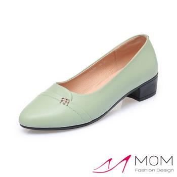 【MOM】跟鞋 粗跟鞋 /真皮小尖頭美鑽飾件時尚粗跟鞋 綠