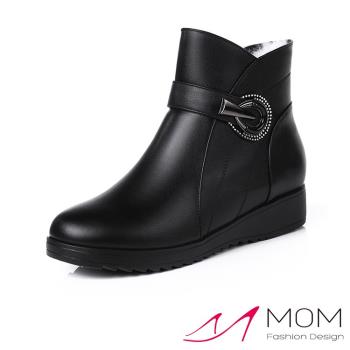 【MOM】短靴 厚底短靴/時尚燙鑽釦飾造型保暖機能厚底短靴 黑