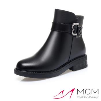 【MOM】短靴 低跟短靴/真皮個性不對稱美鑽釦飾造型低跟短靴 黑