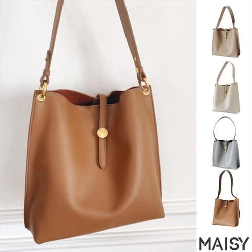 【MAISY】韓版精緻真皮肩背斜背水桶包(現+預  藍 / 米白 / 卡其 / 棕)