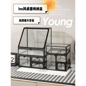 防塵化妝品收納盒桌面高階感透明玻璃家用梳妝臺護膚品口紅置物架