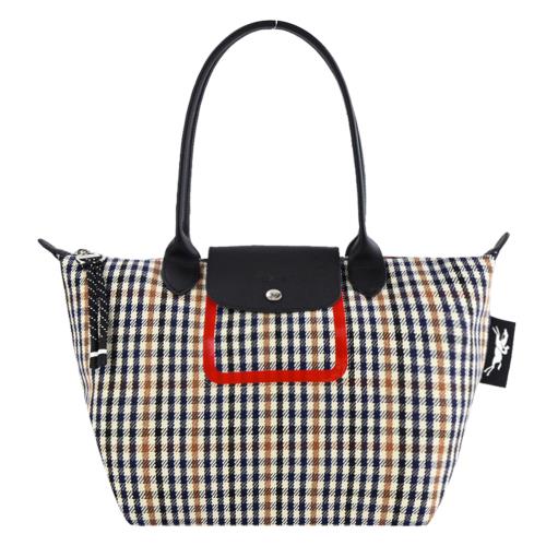LONGCHAMP LE PLIAGE 系列千鳥格紋帆布長把水餃肩背包(小/海軍藍x白蘭地酒)