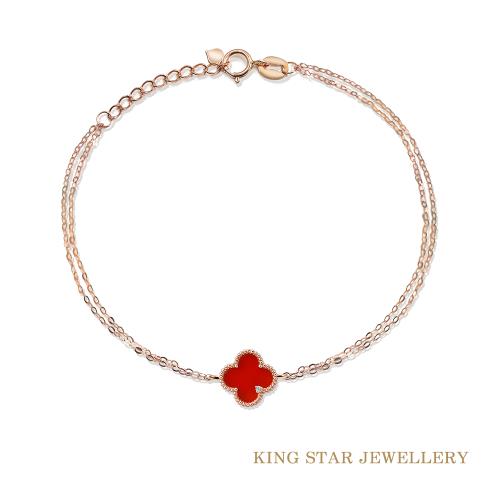 King Star 瑪瑙18K玫瑰金幸運草鑽石手鍊