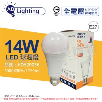 6入 【ADATA威剛照明】 LED 14W 3000K 黃光 E27 全電壓 球泡燈 AD520036