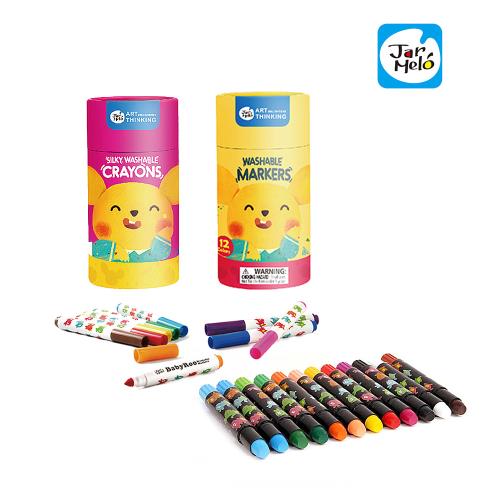 JarMelo 原創美玩 兒童可水洗彩色筆12色+兒童絲滑蠟筆12色