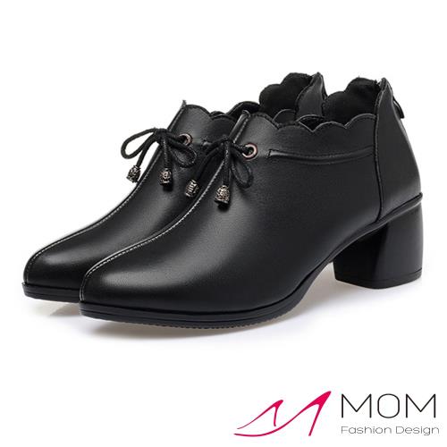 【MOM】踝靴 粗跟踝靴/真皮束繩蝴蝶結花邊鞋口造型粗跟踝靴 黑