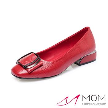 【MOM】跟鞋 粗跟鞋/真皮小方頭格子壓紋蝴蝶結造型粗跟鞋 紅