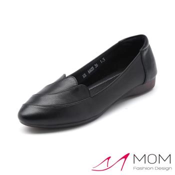 【MOM】平底鞋 尖頭平底鞋/真皮流線拼接小尖頭優雅舒適平底鞋 黑