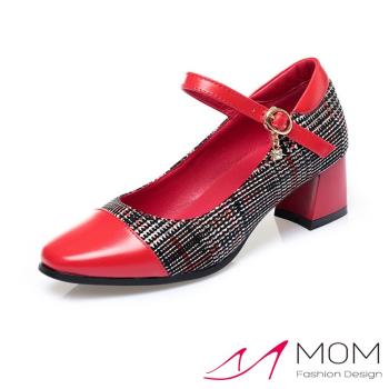 【MOM】跟鞋 粗跟鞋/真皮時尚格子拼接一字釦帶粗跟鞋 紅