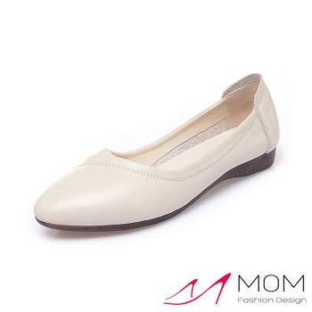 【MOM】平底鞋 尖頭平底鞋/真皮軟底極簡車線尖頭舒適平底鞋 米