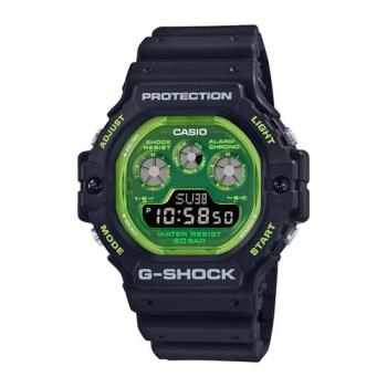 CASIO卡西歐 G-SHOCK 街頭時尚 黑x綠 透明夜光錶盤 雙顯系列 DW-5900TS-1_46.8mm